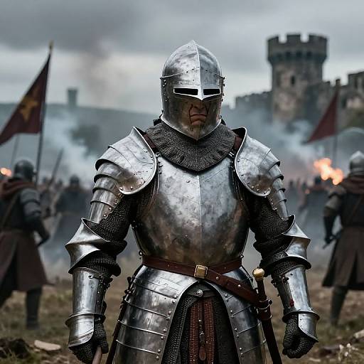 Photograph of a medieval knight in silver armor with a blank visor, standing in a battlefield with smoke, flags, and a castle in the background