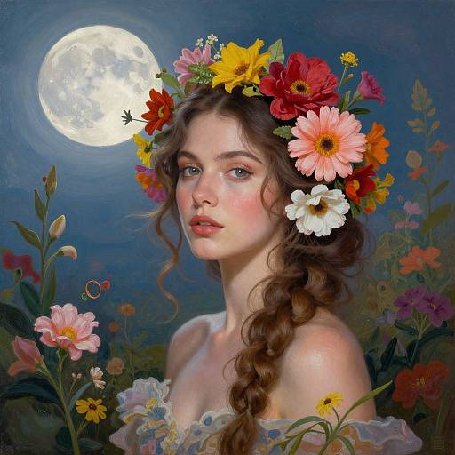 Digital painting of a fair-skinned, blue-eyed young woman with a braided brown hair, adorned with colorful flowers, under a full moon, surrounded