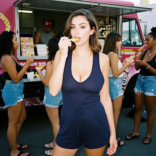 Photograph of a brunette woman with medium skin tone, wearing a black tank top and shorts, eating from a food truck, surrounded by other women in