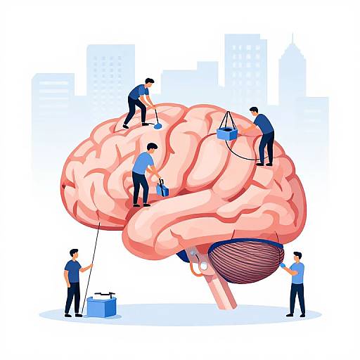 Illustration of eight men on a giant pink brain, performing various tasks like measuring, drilling, and using tools, emphasizing teamwork and cerebral activity.