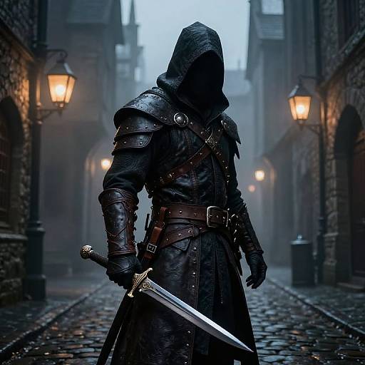 Photograph-style digital art: Dark armored hooded figure with sword in gloomy, foggy medieval alley, lit by street lamps. Cobblestone