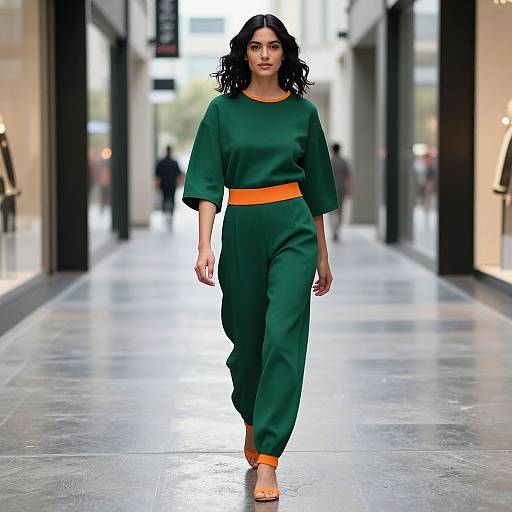 Photograph of a dark-haired woman with wavy hair, wearing a green, orange-belted outfit, and orange shoes, walking down a modern