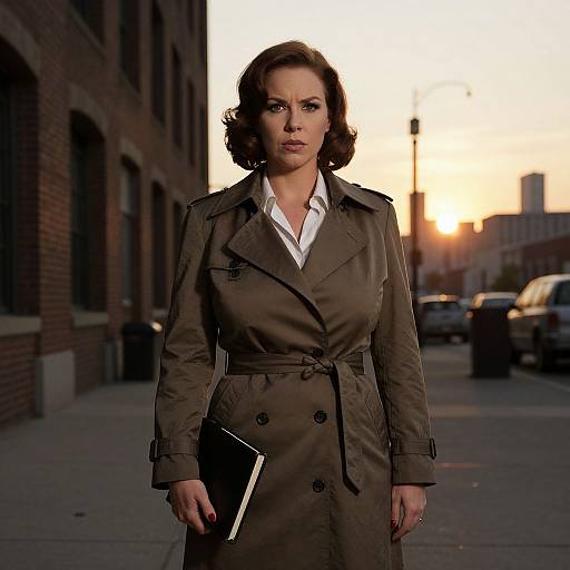 Photograph of a serious-looking brunette woman with wavy hair, wearing a brown trench coat and white shirt, holding a black folder, standing on a