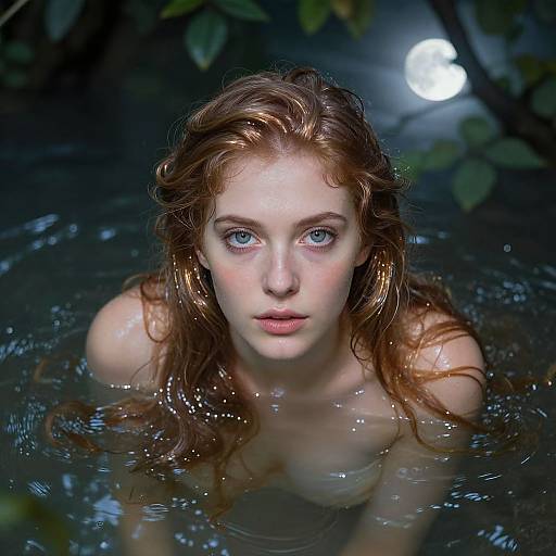 Photograph of a fair-skinned, red-haired woman with blue eyes, gazing intently at the camera, partially submerged in dark, moonlit