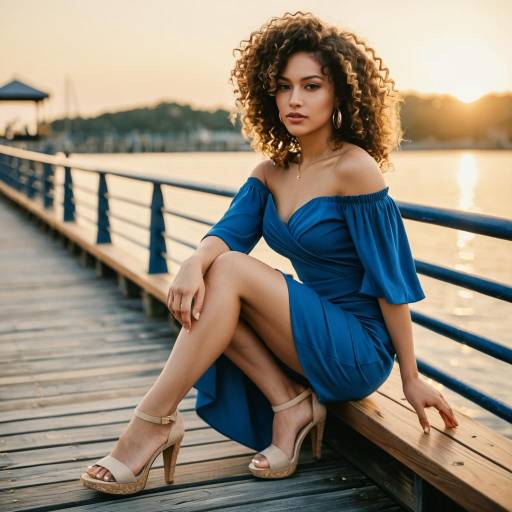 Glamorous Woman in Blue Dress on Pier