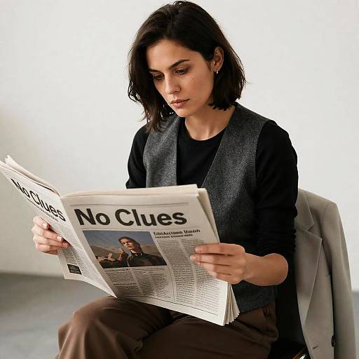 Focused Woman Reading Newspaper Scene