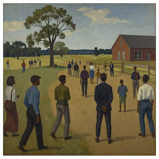 Oil painting of a rural scene with diverse people walking on a dirt path towards a red barn, under a blue sky with clouds. Tree and grassy