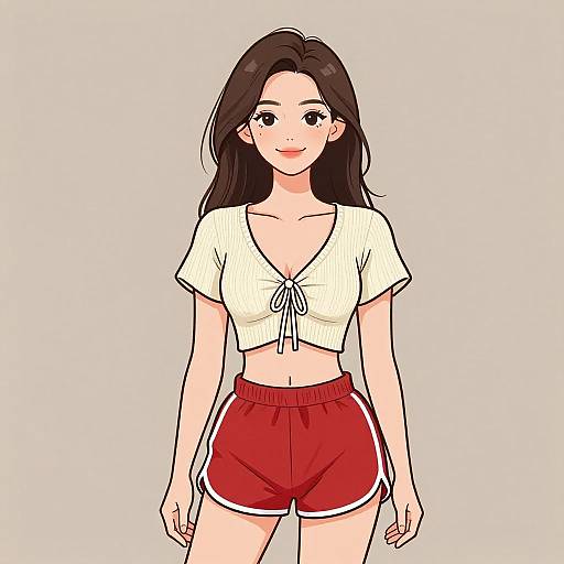 Digital anime-style drawing of a smiling young woman with long brown hair, wearing a white cropped top and red athletic shorts.