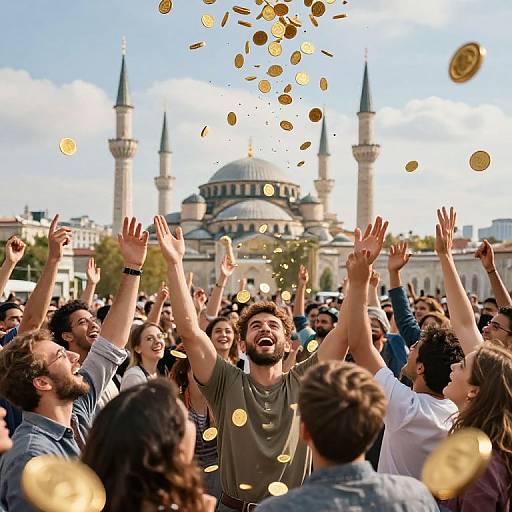 Photograph of a joyful crowd celebrating outdoors, with golden coins falling from above, in front of a grand mosque with multiple minarets.