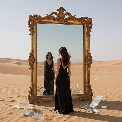 Photograph of a woman in a black dress standing in a desert, staring at an ornate, gold-framed mirror with shattered glass around her.