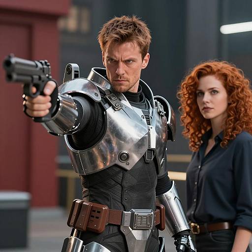 Man in Robotic Armor Aiming Gun with Woman in Background