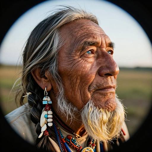 Photograph of an elderly Native American man with long gray hair, white beard, and traditional beaded earrings, gazing into the sunset. Circular frame