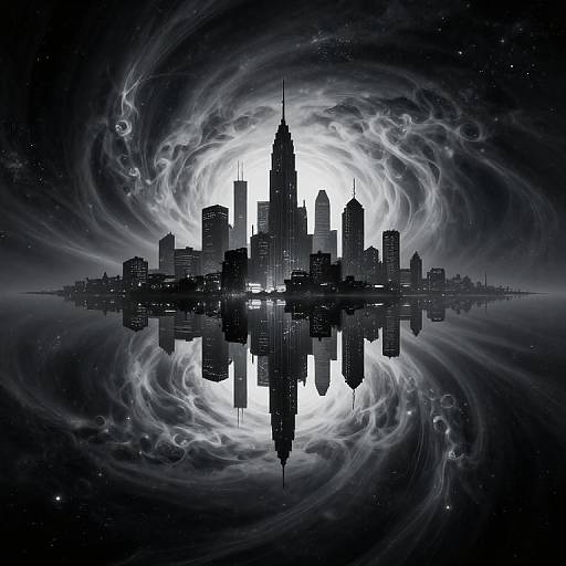 Digital artwork of a silhouetted city skyline with swirling cosmic clouds and a bright, glowing sun behind, creating a reflective mirror effect on the water