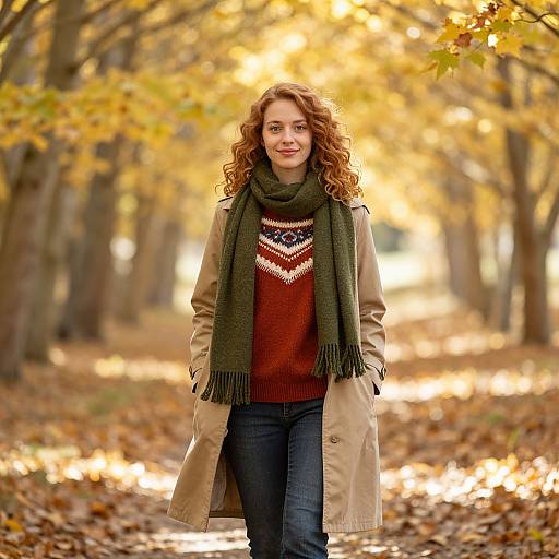 Photograph of a smiling woman with curly red hair, wearing a beige coat, green scarf, and red sweater, standing on a sunlit, autumn