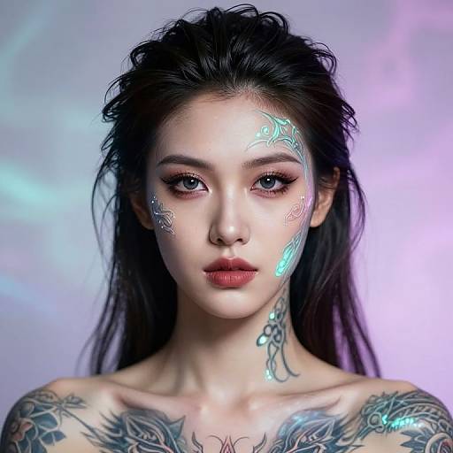 Digital artwork of a tattooed Asian woman with glowing blue facial markings, dark hair, and red lipstick, against a pastel background.