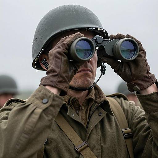 Soldier Using Binoculars in Military Gear