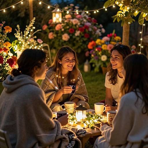 Four women laughing and chatting around a glowing, flower-adorned outdoor table, surrounded by string lights and colorful flowers at dusk.