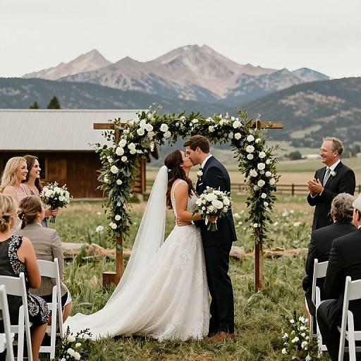 Photograph of a bride and groom kissing under a floral arch, surrounded by guests, with mountains in the background. Outdoor wedding in a grassy field