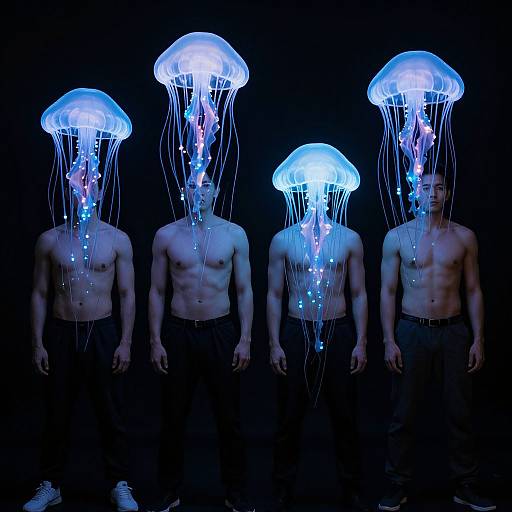 Photograph of four shirtless men standing in a dark background, each wearing a glowing blue jellyfish on their head, with long, flowing tentacles