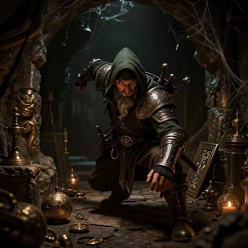 Dark fantasy photograph: Hooded, armored warrior crouches in dimly lit, ancient stone archway with glowing candles and ornate lamps. Int