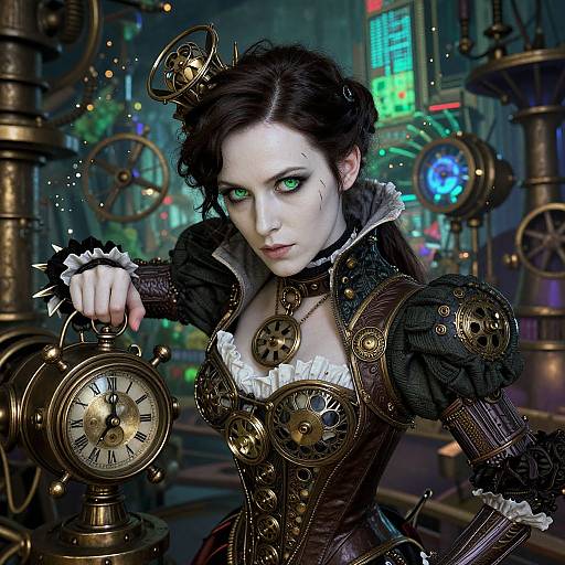 Digital art of a pale-skinned, green-eyed woman with dark hair, wearing a steampunk corset adorned with gears and clocks, in a