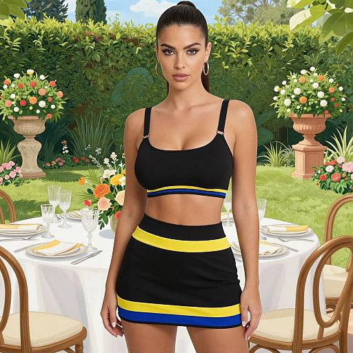 Digital image of a fit, tan-skinned woman with black hair in a ponytail, wearing a black and yellow sports bra and skirt, standing in