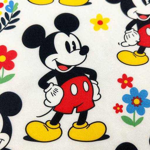 Colorful digital drawing of Mickey Mouse in red shorts and yellow shoes, standing confidently among scattered flowers, with other Mickey Mouse figures in the background.