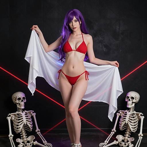 Woman with Purple Hair and Skeletons