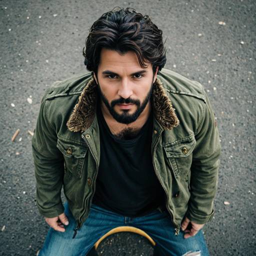 Young Man in Olive Jacket and Jeans Overhead Portrait