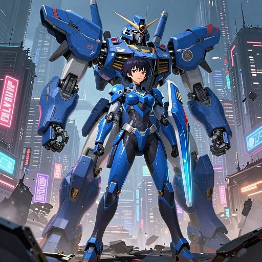 Digital anime-style artwork: A blue-clad, armored girl with short black hair stands confidently in front of a towering blue and white mecha robot in