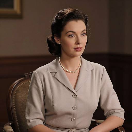 Photograph of a 1940s-styled woman with dark hair in an elegant updo, wearing a light gray button-up blouse, pearl necklace