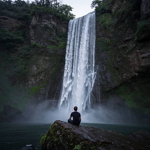 Photograph of a person sitting on a mossy rock, gazing up at a towering, cascading waterfall in a misty, forested gorge