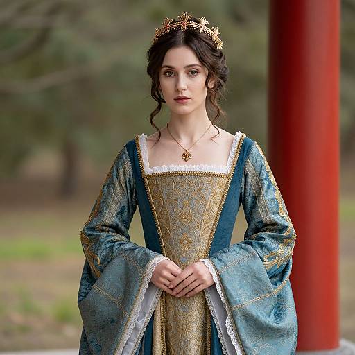 Photograph of a fair-skinned woman with dark, curly hair wearing a gold crown, ornate blue and gold medieval dress, and necklace, standing