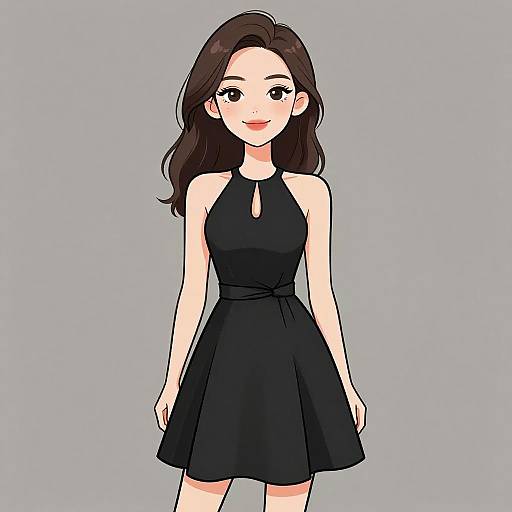 Digital anime-style drawing of a smiling young woman with long dark brown hair, wearing a sleeveless black halter dress, against a plain gray background.