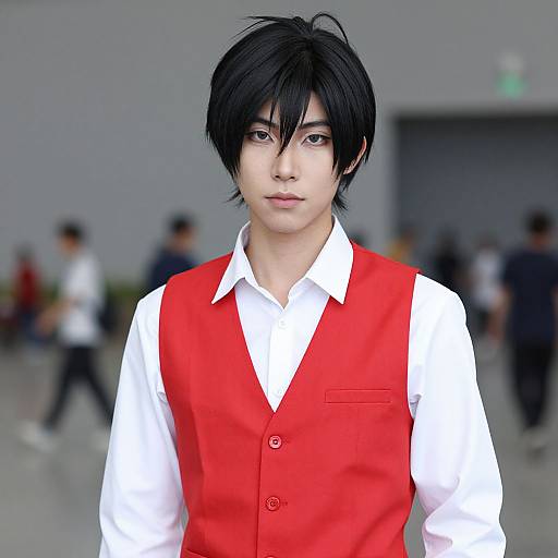 Digital anime-style portrait of a young Asian man with black hair, wearing a red vest over a white shirt, standing in a blurred indoor background with ind