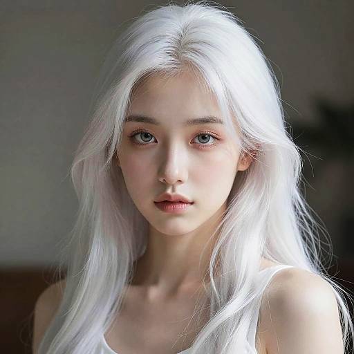 Photorealistic digital portrait of a young woman with long, white, silver hair, pale skin, and blue eyes, set against a dark, blurred