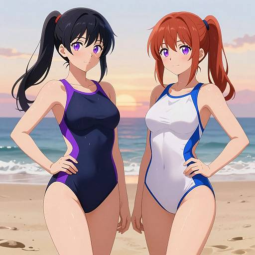 Anime-style digital drawing of two young women in one-piece swimsuits, standing on a beach at sunset; one with black hair, the other with red