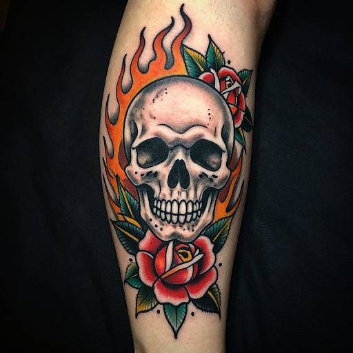 Tattoo of a detailed, black-and-white skull with fiery orange background, surrounded by red roses and green leaves on a pale arm.