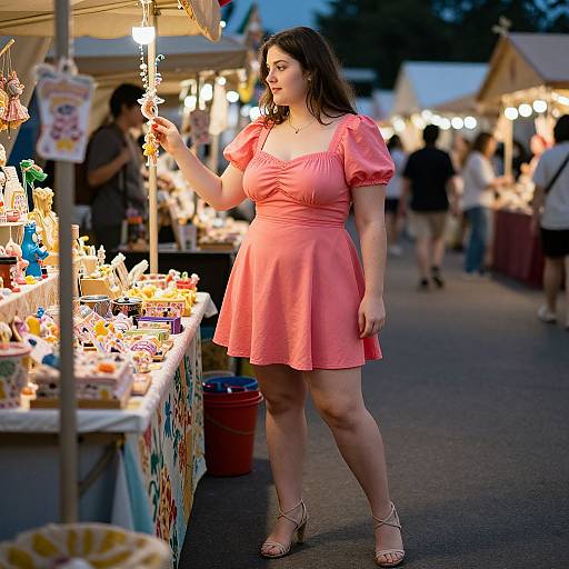 Photograph of a curvy, fair-skinned woman with long brown hair, wearing a pink, puffy-sleeve dress, browsing a brightly