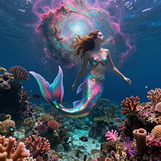 Photograph of a vibrant, iridescent mermaid with a shimmering tail, floating underwater among colorful coral reefs, surrounded by glowing, ethereal
