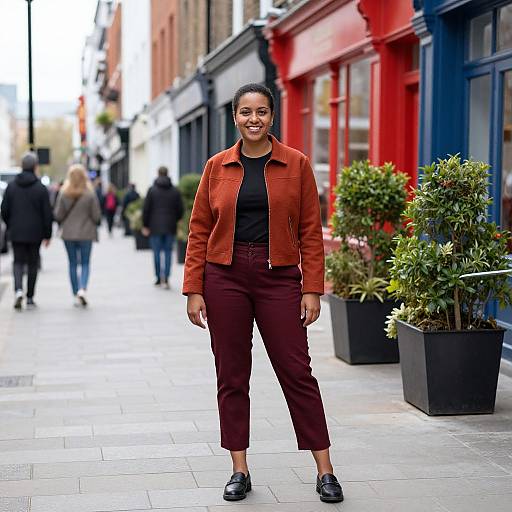 Photograph of a smiling Black woman with dark skin, wearing a rust jacket, black top, maroon pants, and black shoes, standing on a
