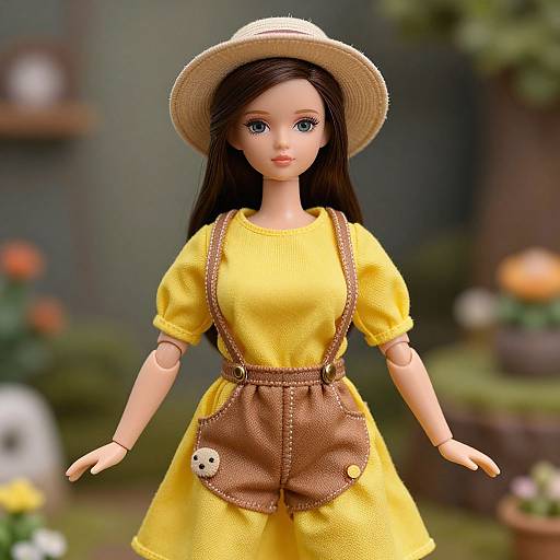 Photorealistic doll with long brown hair, wearing a yellow dress, brown suspenders, white sunhat, and flower pocket charm, set in a