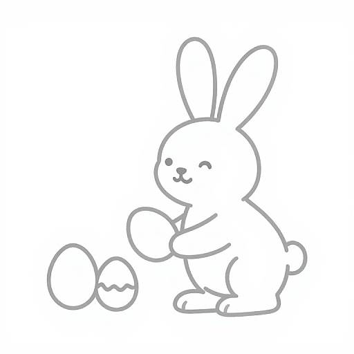 Simple line drawing of a cute, smiling bunny holding an egg with its paws, standing on its hind legs.
