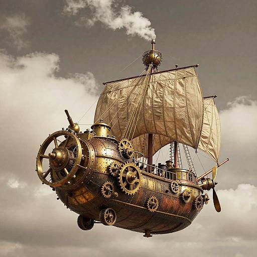 Photorealistic CGI of a steampunk-style airship with brass gears, a large sail, and a wooden wheel against a cloudy sky.