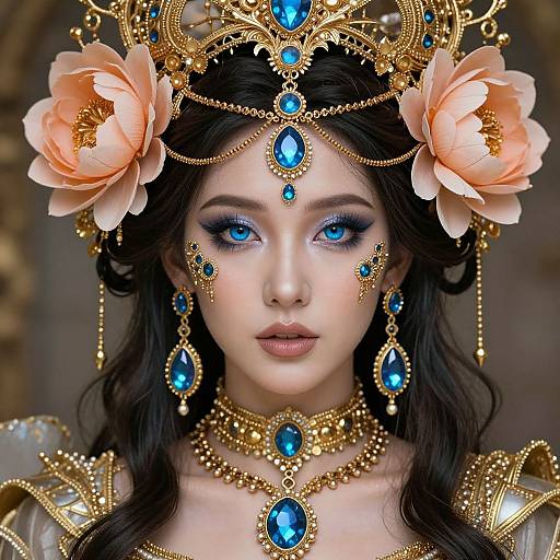 Digital artwork of a fair-skinned, blue-eyed woman with black hair, wearing an elaborate golden crown with blue gemstones and peach flowers, adorned in