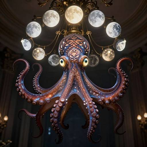 Photograph of a glowing, detailed, pink and blue octopus chandelier with large, white, spherical lights in a dimly lit, elegant room