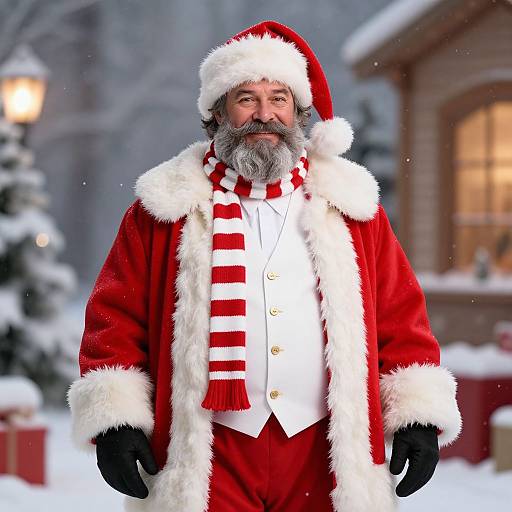 Photograph of a bearded, middle-aged man in a Santa Claus outfit with a red and white striped scarf, standing in a snowy, festive outdoor