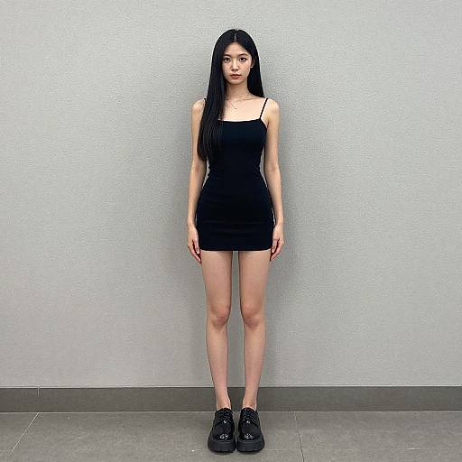 Photograph of an East Asian woman with long black hair, wearing a tight black spaghetti-strap dress and black shoes, standing against a plain white wall