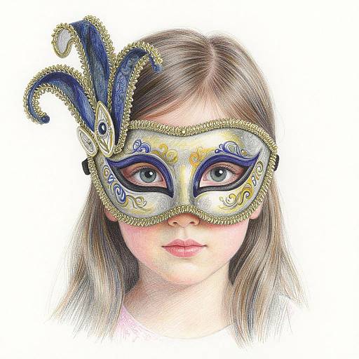 Colorful digital portrait of a young girl with blue eyes, wearing an ornate masquerade mask featuring blue, gold, and yellow details. White