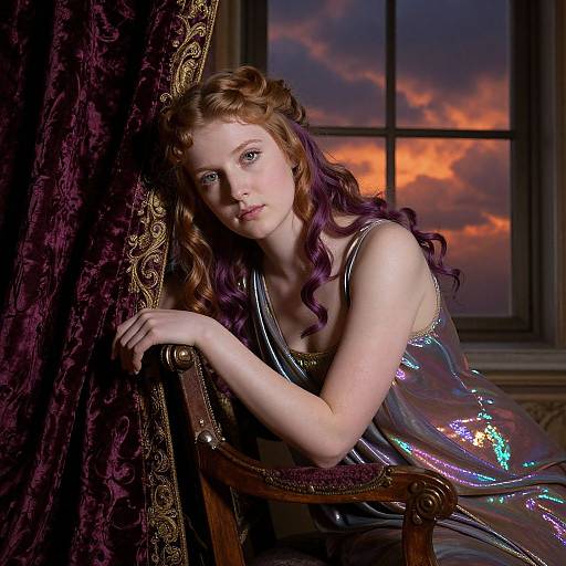 Photograph of a fair-skinned, red-haired woman with purple-tinted curls, wearing a shimmering, iridescent dress, leaning on